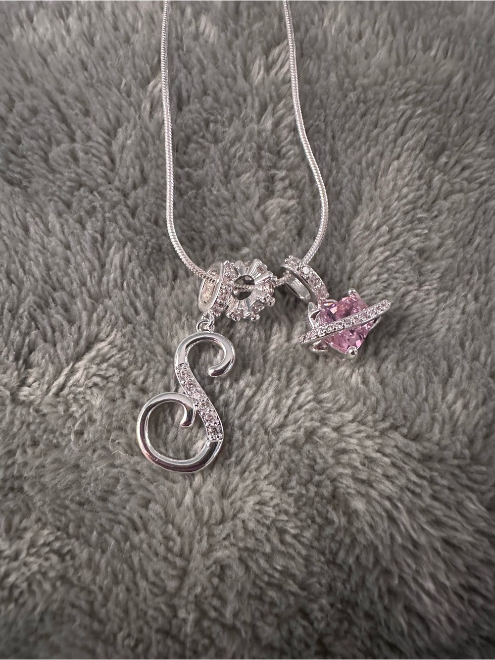 Silver Initial 'S' Necklace with Pink Heart Charm